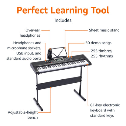 Amazon Basics Portable Digital Piano Keyboard with 61 Keys, Built In Speakers and Songs for Learning, Black