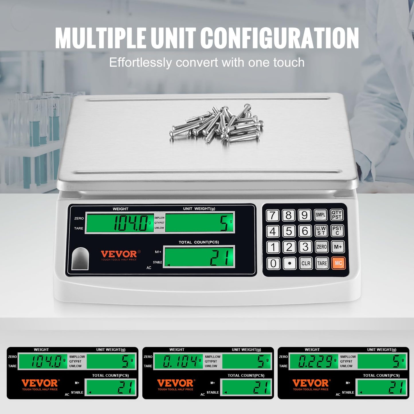 VEVOR Industrial Counting Scale, Digital Scale for Parts and Coins, Electronic Gram Scale Inventory Piece Counting Scale Kitchen Jewelry Counting Scale with 3 LCD Screens 30 kg x 1 g, g/kg/lb Units