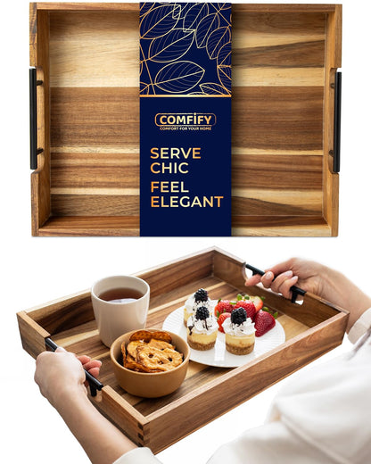 Decorative Acacia Wood Serving Tray with Handles