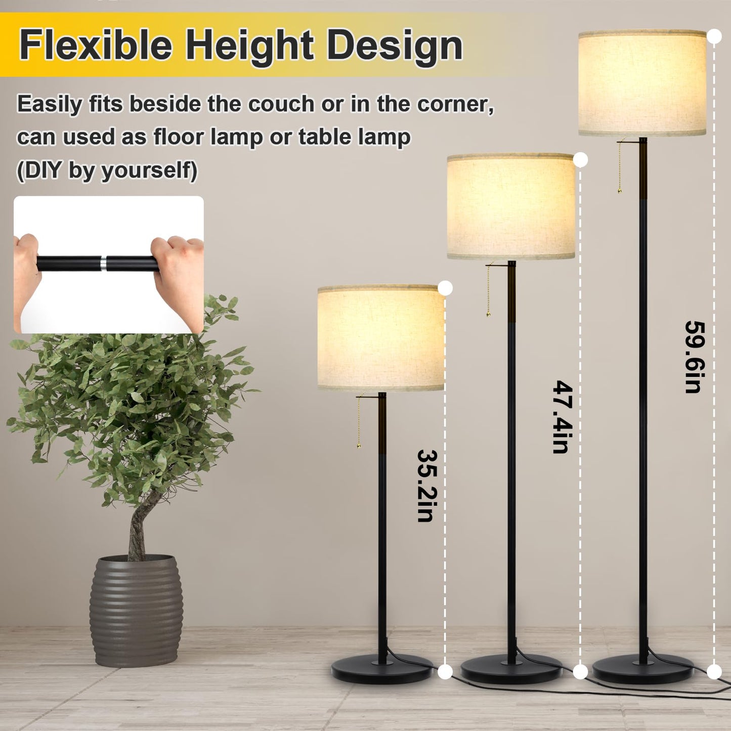 Modern Floor Lamp for Living Room Traditional Farmhouse Floor Lamps Mid-Century Pole Lamp with Linen Lamp Shade, Standing Tall Floor Lamps for Bedrooms and Office (Black-01)