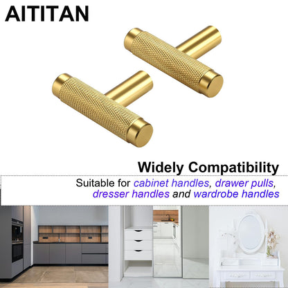 AITITAN 10 Pack Gold Cabinet Knobs Gold Knobs for Cabinets and Drawers - 2 Inch Length Single Hole T Bar Cabinet Knobs Gold, Brass Drawer Knobs and Gold Dresser Knobs