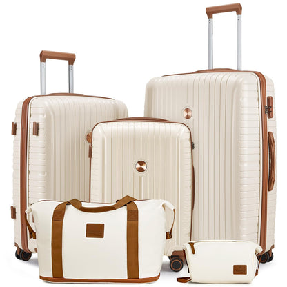 Joyway Luggage Sets 5 Piece Suitcase Set, PP Hardshell Carry on Suitcase Set, Travel Suitcases with Double Spinner Wheels and TSA Lock, Beige Brown