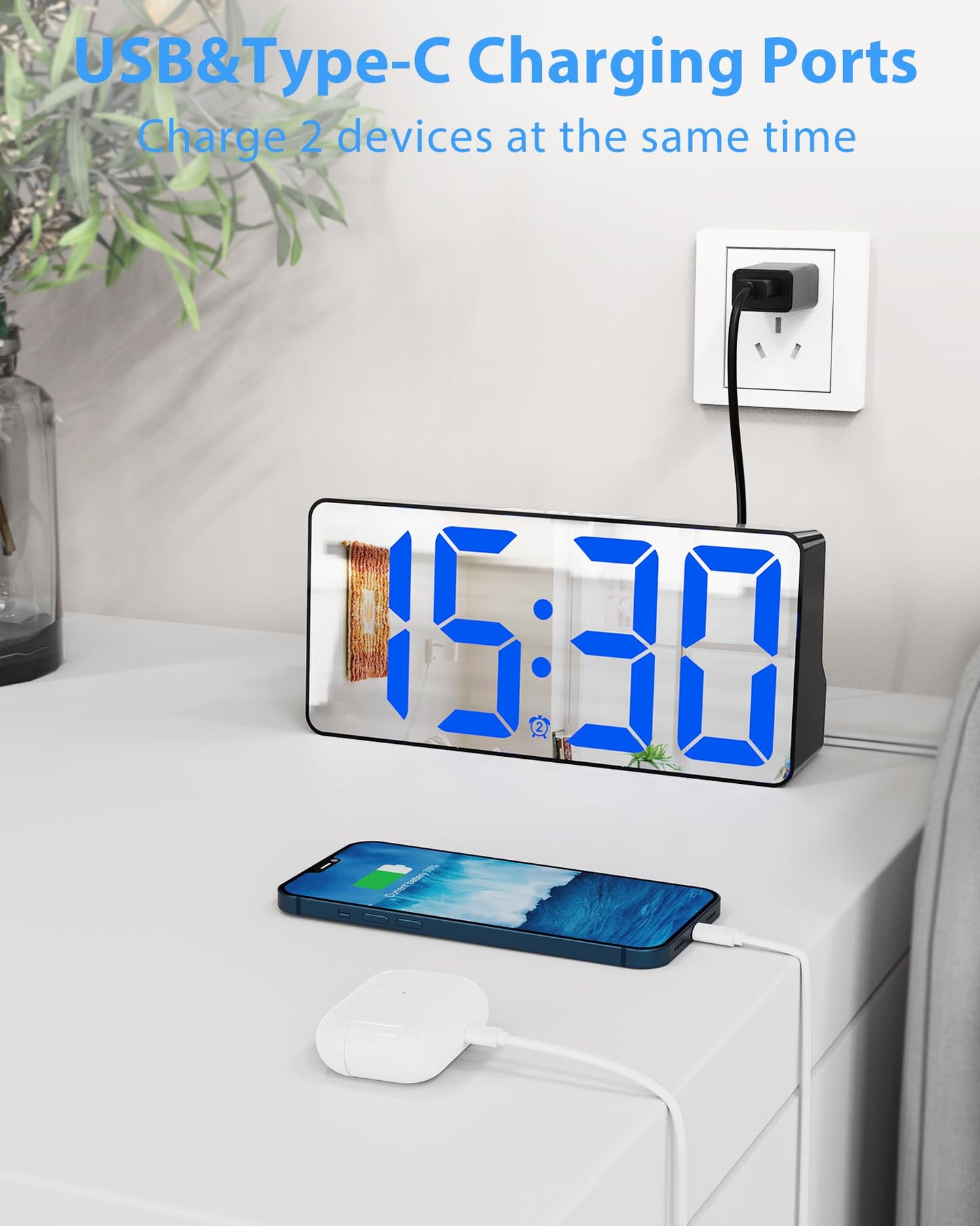 Roxicosly 118db Super Loud Alarm Clock for Heavy Sleepers, Mirror Clock with Large Bold Number, 0-100% Dimmable Display, Night Light, Type C & USB Charger, Dual Alarms