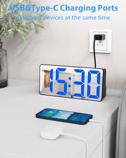 Roxicosly 118db Super Loud Alarm Clock for Heavy Sleepers, Mirror Clock with Large Bold Number, 0-100% Dimmable Display, Night Light, Type C & USB Charger, Dual Alarms