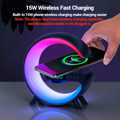 ZOOPEEN Mini G Type Wireless Charging Atmosphere Lamp with Bluetooth Speaker Alarm Clock Night Light 10W Wireless Charger Speaker for Bedside Lamp Ambient Lighting for Christmas Gift(Black)