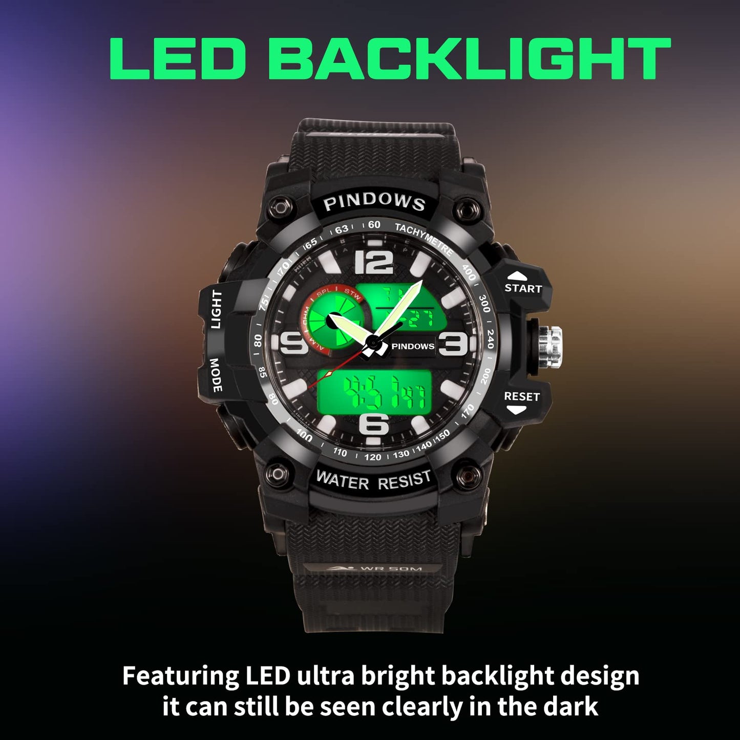 PINDOWS Sport Watch for Men, Digital Analog Military Sports Electronic LED Watches with 12H/24H Display, 50m Waterproof, Alarm Clock, and Stopwatch Timing, Men's Wrist Watches PDS-628