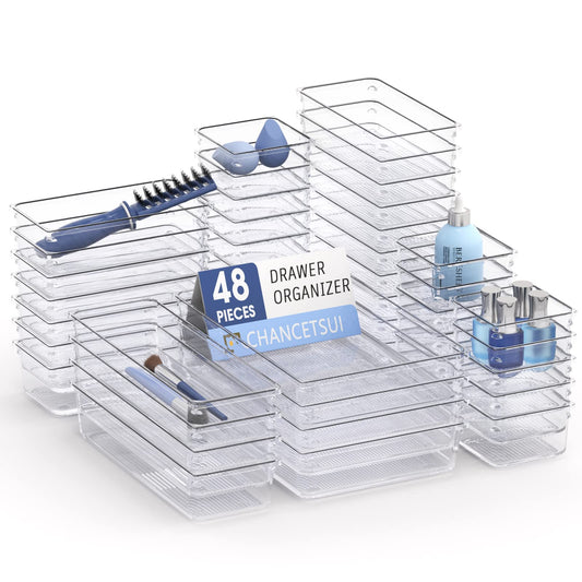 48Pcs Clear Plastic Drawer Organizer Set 4-Size Versatile Vanity and Desk Drawer Storage Bins, Drawer Organizer Trays and Bathroom Drawer Organizer for Jewelries, Kitchen Utensils, Office Supply