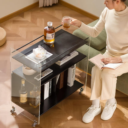 VRFRSX Acrylic Black Bar Cart,Wine Rack Cart,Wine Tea Liquor Shelve,Serving Carts,Kitchen Cart with Lockable Casters, Acrylic Home Furniture,26.4" L x 14.2" W x 27.6" H,3-Tier