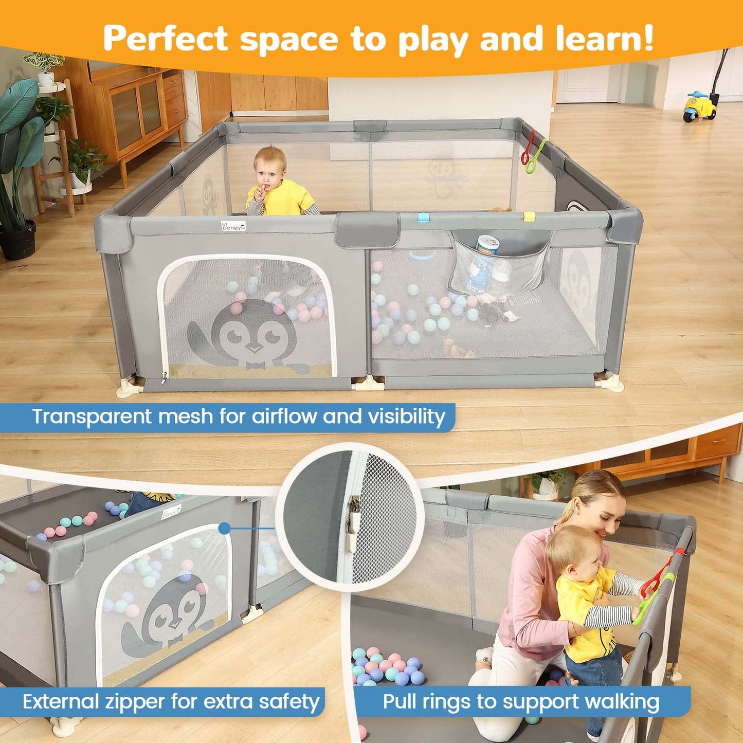 Baby Playpen for Babies and Toddlers, 71 x 59 inch Baby Play Yards, Kids Play Pen for Indoor & Outdoor, Extra Large Baby Playpen, Toddler Play Yard with Carrying Bag, Anti-Slip Base (Gray)