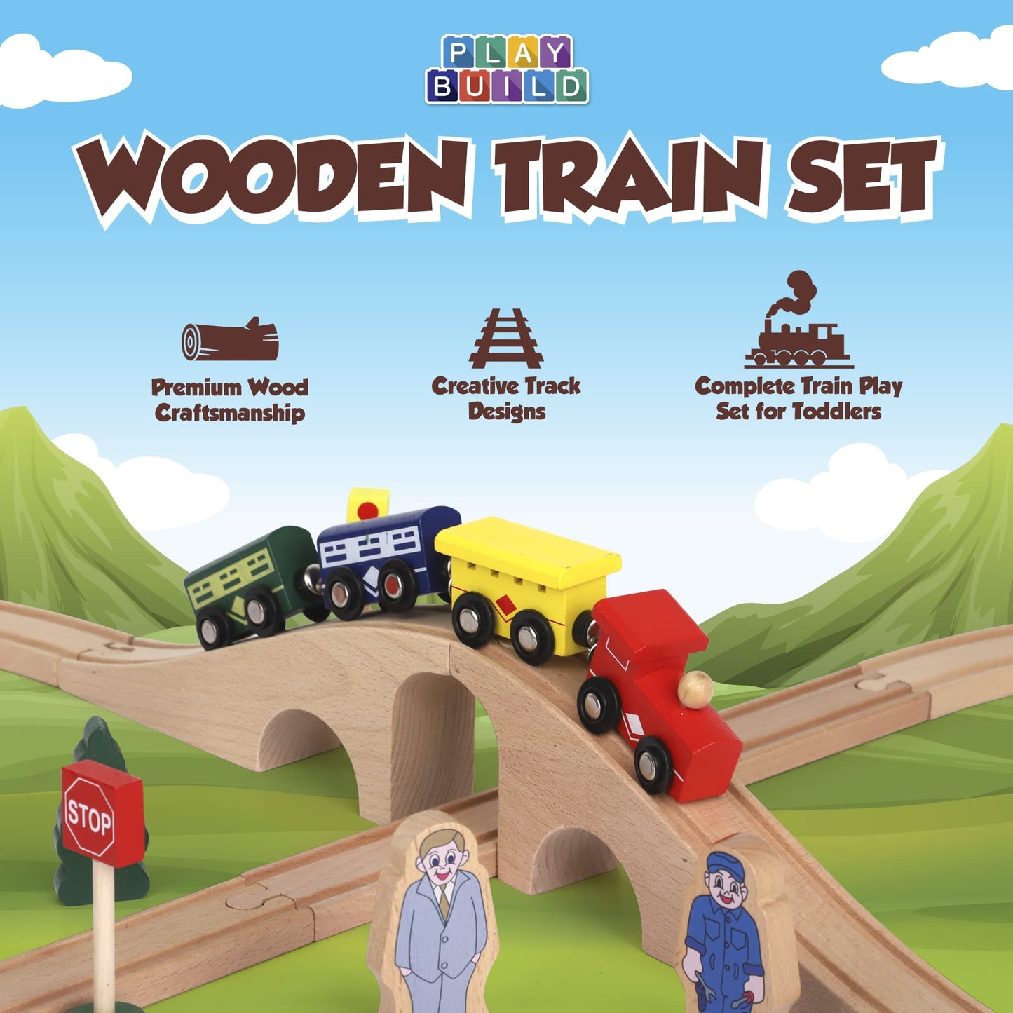 Play Build Wooden Train Set, Complete Toddler Train Set, 35 Piece Interactive Play & Learn Set, Creative Wooden Train Track Design, Premium Quality, Ages 3+ (35 Piece Set)