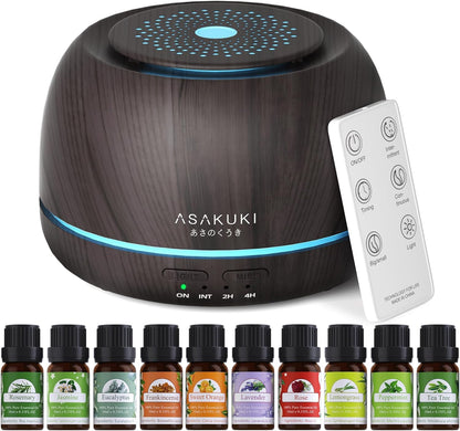 ASAKUKI Essential Oil Diffusers with 10Pcs*10ml Pure Essential Oil Gift Set, 5 in 1 Ultrasonic 300ML Aromatherapy Fragrant Oil Humidifier Vaporizer with Remote Control, Timer and Auto-Off-Black