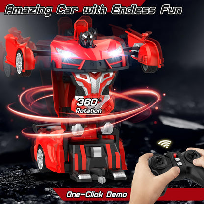 Qumcou Remote Control Car, Transform Robot RC Cars with Cool Headlights, 2.4Ghz kids Toys Car with 360 Degree Rotation and One-Button Deformation, Christmas Birthday Gifts for Boys Girls, Red