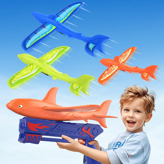 UNCANZEA 3 Pack Dreamy Ocean Foam Airplane Launcher Toys, Gliders with Fluorescent Stickers, Outdoor Flying Toys Birthday Gifts for Boys Girls 3 4 5 6 7 8 9 10 11 12 Year Old