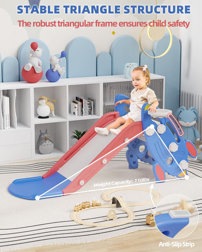 SYPEVIN Toddler Slide, Indoor Slide for Toddlers Age 1-3, Freestanding Kids Slide Climber Playset Toys with Basketball Hoop, Ideal Gift for Boys and Girls, Red Blue Rocket
