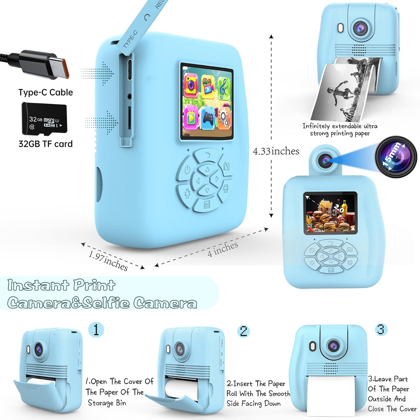 Kids Camera Instant Print - Instant Print Camera for Kids, Inkless Camera Instant Print, Kids Toddler Digital Video Cameras Kids Toys Christmas Birthday Gifts for Girls Boys (Blue)
