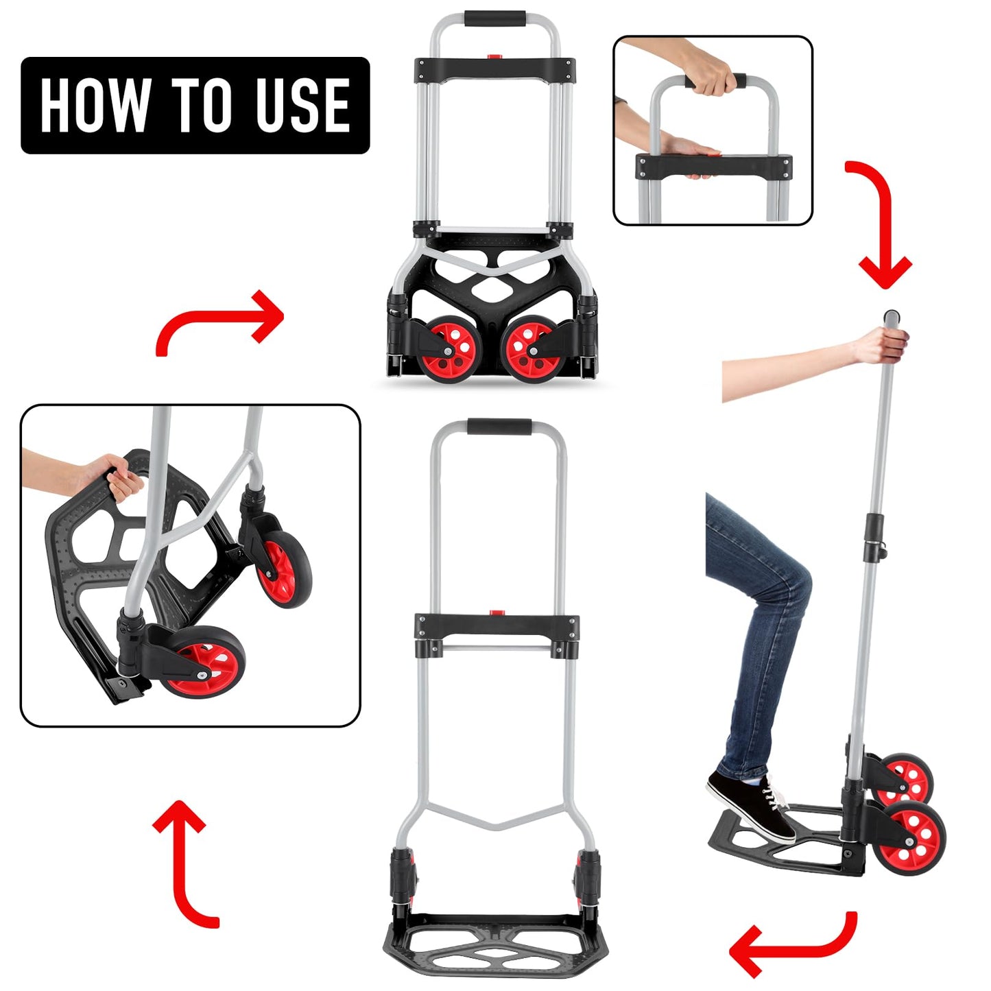 254 LBS Aluminum Folding Hand Trucks and Dolly, Foldable Dolly Cart for Moving Heavy Loads, Collapsible Dolly Convertible Hand Truck Dolley Portable and Durable.