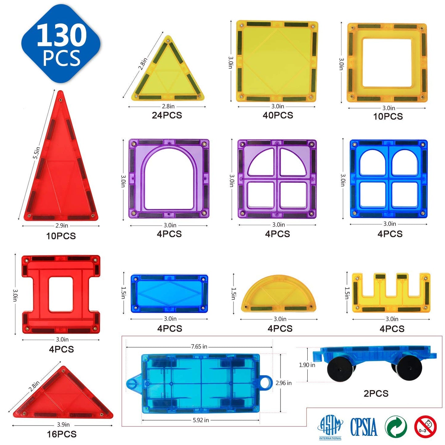 MAGBLOCK Magnet Building Tiles 130 Pcs 3D Toys Magnets Magnetic Blocks Set Preschool Toys Gifts