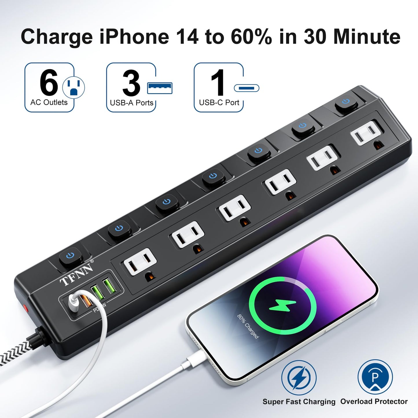 Power Strip with USB Ports,5FT Total 70W 4 USB Charging Station,USB-C(PD 20W) 3USB-A(QC20W*1,5V3A*2),Individually Switchable 1875W Extension Cord with 6 Outlets,Overload Protection