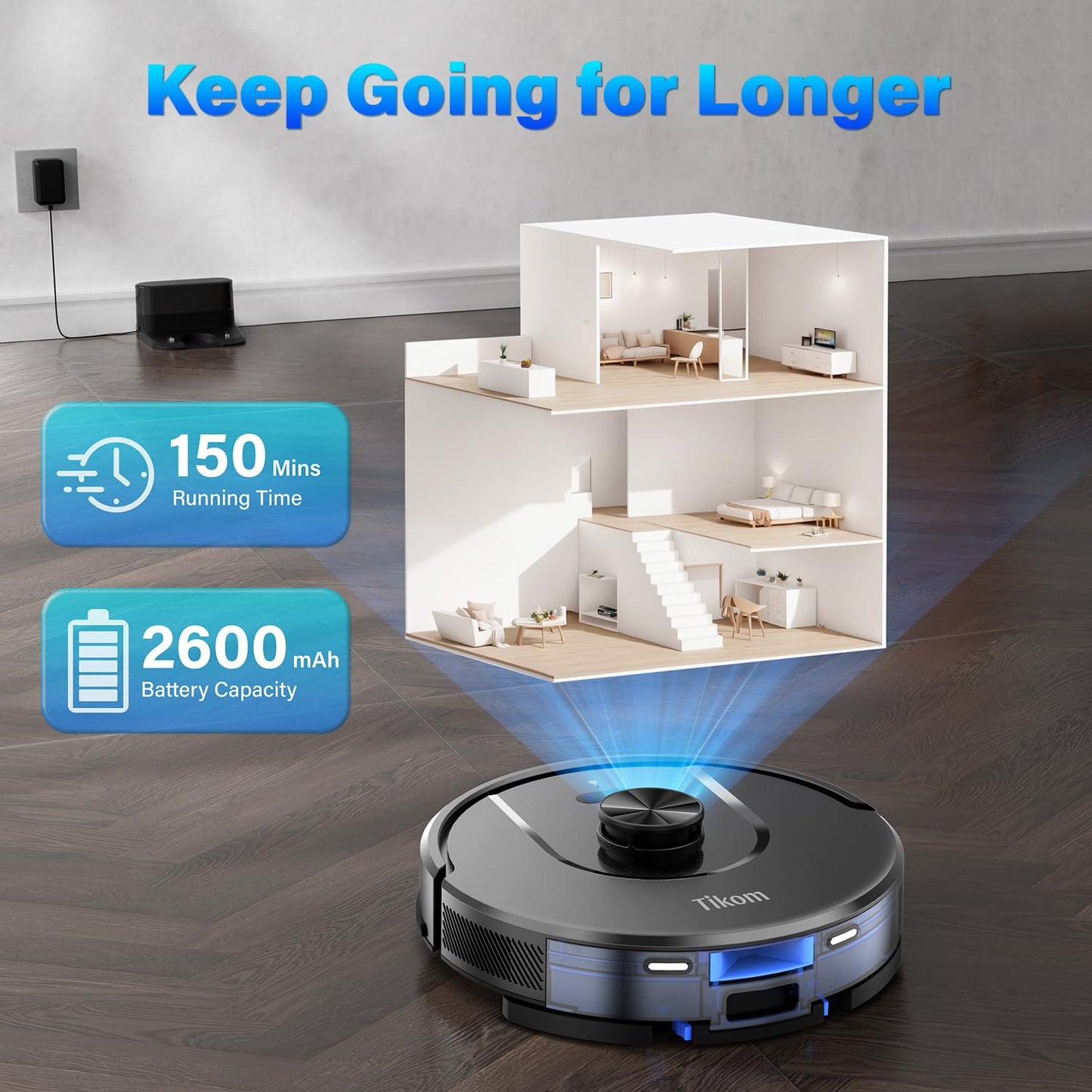 Tikom Robot Vacuum and Mop, L8000 Laser LiDAR Navigation Robotic Vacuum, 3000Pa Suction, 150Mins Max, 45dB, 14 No-Go Zones, 20 Virtual Walls, Self-Charging, Good for Pet Hair, Carpet, Hard Floor