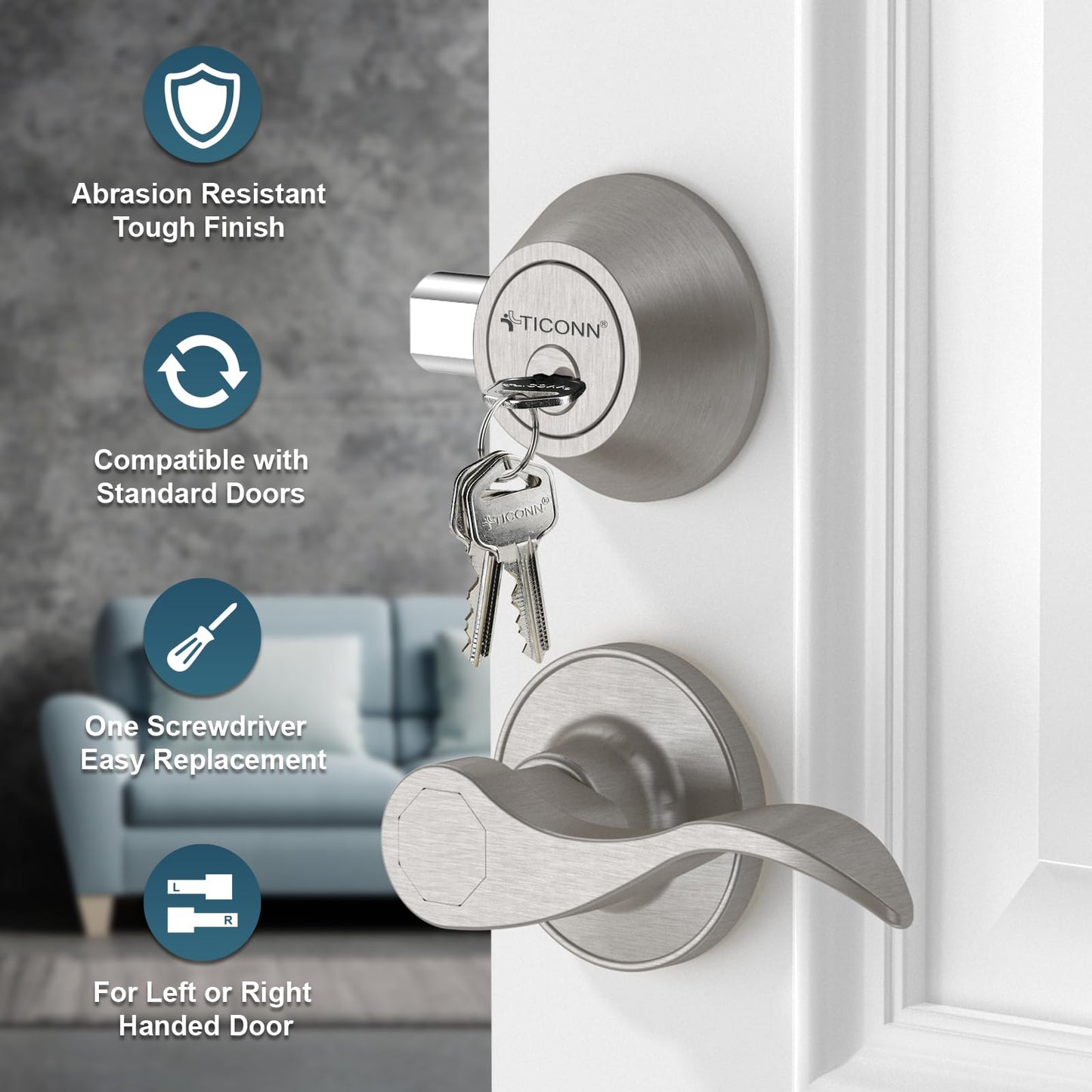 TICONN Silver Door Handles, Traditional Wave Style Silver Reversible Door Lever for Interior Doors and Closet (Deadbolt with Passage Lever, 2-Pack)