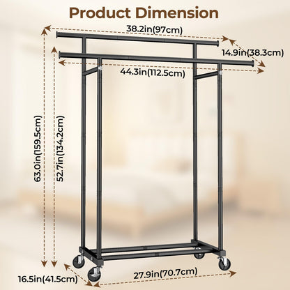 Double Rod Rolling Clothes Rack for Garments