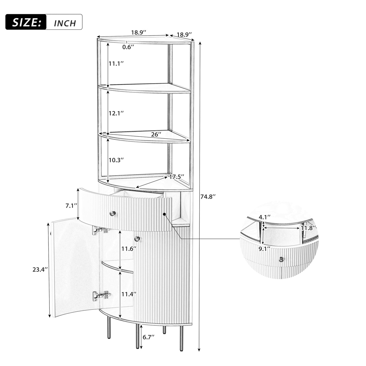 60'' Executive Desk + 74.8" Tall Corner Bookshelf Suite, Modern Curved Computer Metal Legs, Fan-Shaped Wooden Standing Bookcase with Drawer