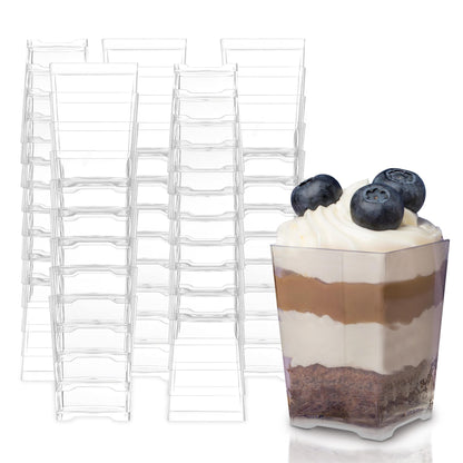 Oasis Creations Square Dessert Cup - 4 Ounce - Durable Crystal Clear Plastic - 50 Count - Ideal for Desserts, Appetizers, Entrees, Puddings, Mousse and More!