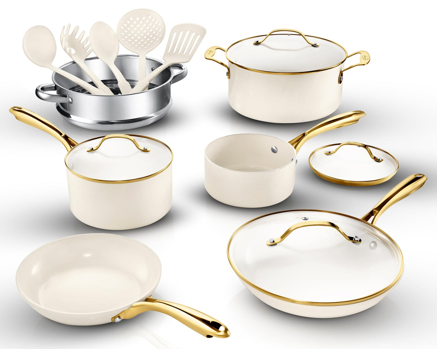 Gotham Steel 15 Pc Ceramic Pots and Pans Set Non Stick, Kitchen Cookware Sets, Pot and Pan Set, Ceramic Cookware Set, Non Toxic Cookware Set, Non Stick Pots and Pan Set Dishwasher Safe, Cream White