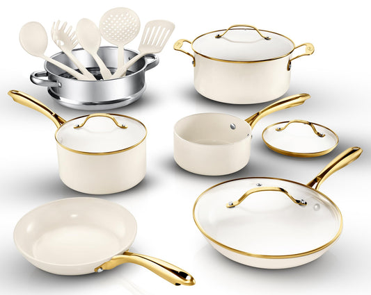 Gotham Steel 15 Pc Ceramic Pots and Pans Set Non Stick, Kitchen Cookware Sets, Pot and Pan Set, Ceramic Cookware Set, Non Toxic Cookware Set, Non Stick Pots and Pan Set Dishwasher Safe, Cream White