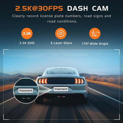 Dash Cam Front 2.5K: VEEMENT Mini Dash Cam for Cars, 1440P Car Camera with APP, WiFi Dash Cam with WDR Night Vision, 24 Hours Parking Monitor Dashcams, 160°Wide, G-Sensor, V200, Black