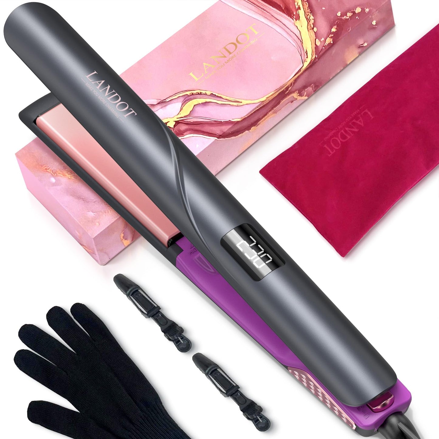 LANDOT Ceramic Ionic Hair Straightener with Travel Pouch