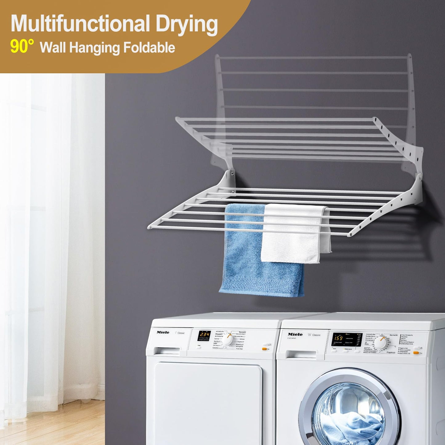 Wall Mounted Drying Rack, 90 Degree Foldable 31.5" Length Laundry Drying Rack, 60lb Bearing Capacity Clothes Drying Rack with 7 Aluminium Rods for Bathroom, Bedroom, Balcony (40inch)