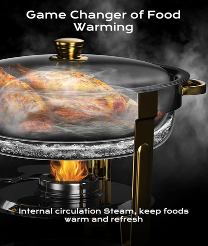 Chafing Dishes for Buffet 4 Pack, 5QT [Worry-Free Assemble] Round Chafing Dish Buffet Set [Elegant Gold and Silver Colors] Stainless Steel Chafers and Buffet Warmers Sets for Parties with Complete Set
