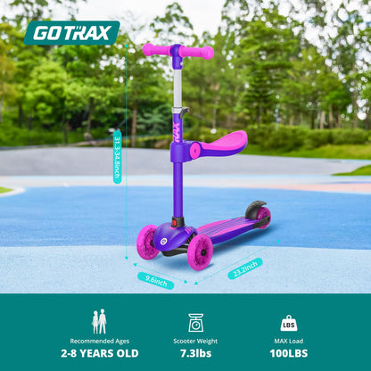 Gotrax KS3 Kids Kick Scooter, LED Lighted Wheels, Adjustable Height Handlebars and Removable Seat, Lean-to-Steer & Widen Anti-Slip Deck, 3 Wheel Scooter for kids Ages 2-8 and up to 100 Lbs (Purple)