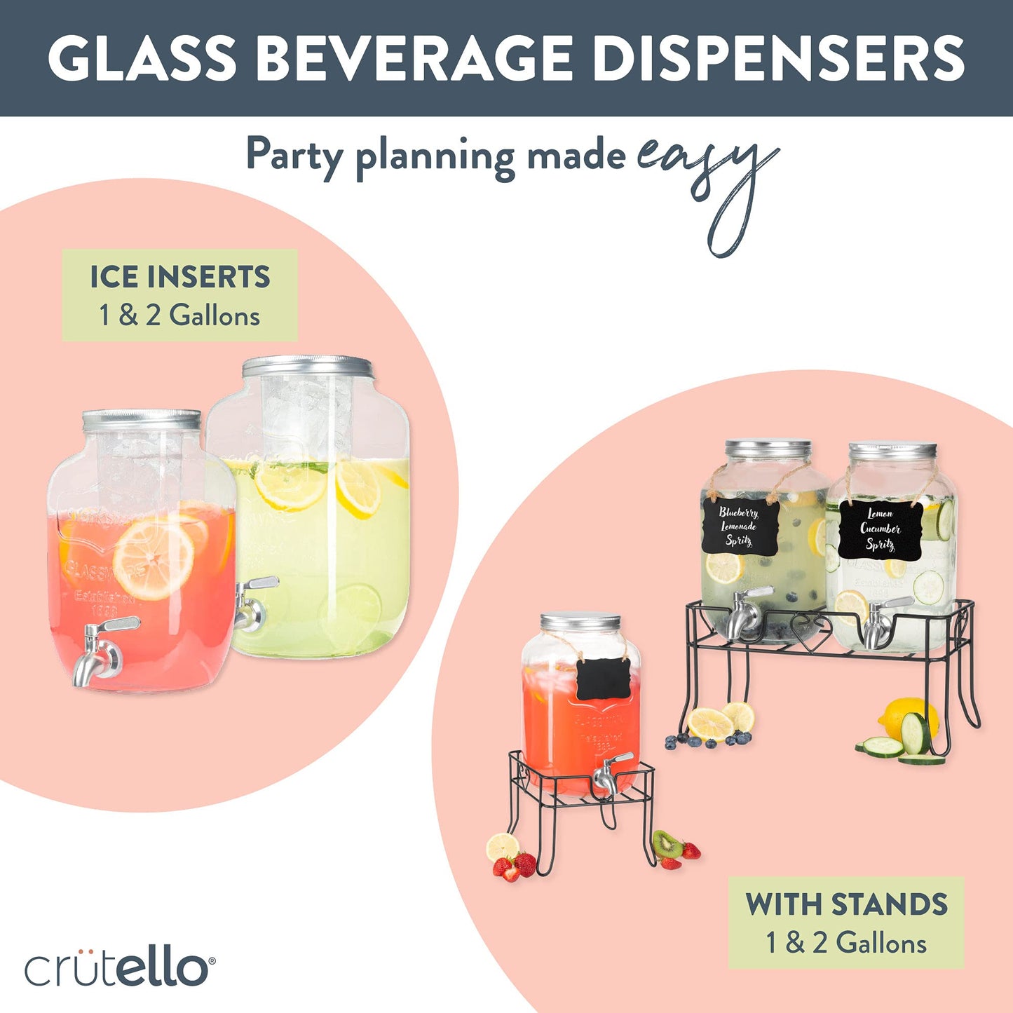 Crutello Glass Beverage Dispenser with Stainless Steel Spigot, 1 Gallon Drink Dispenser Metal Black Stand, Lemonade, Tea, Water, Laundry Detergent - A Family-Owned American Brand