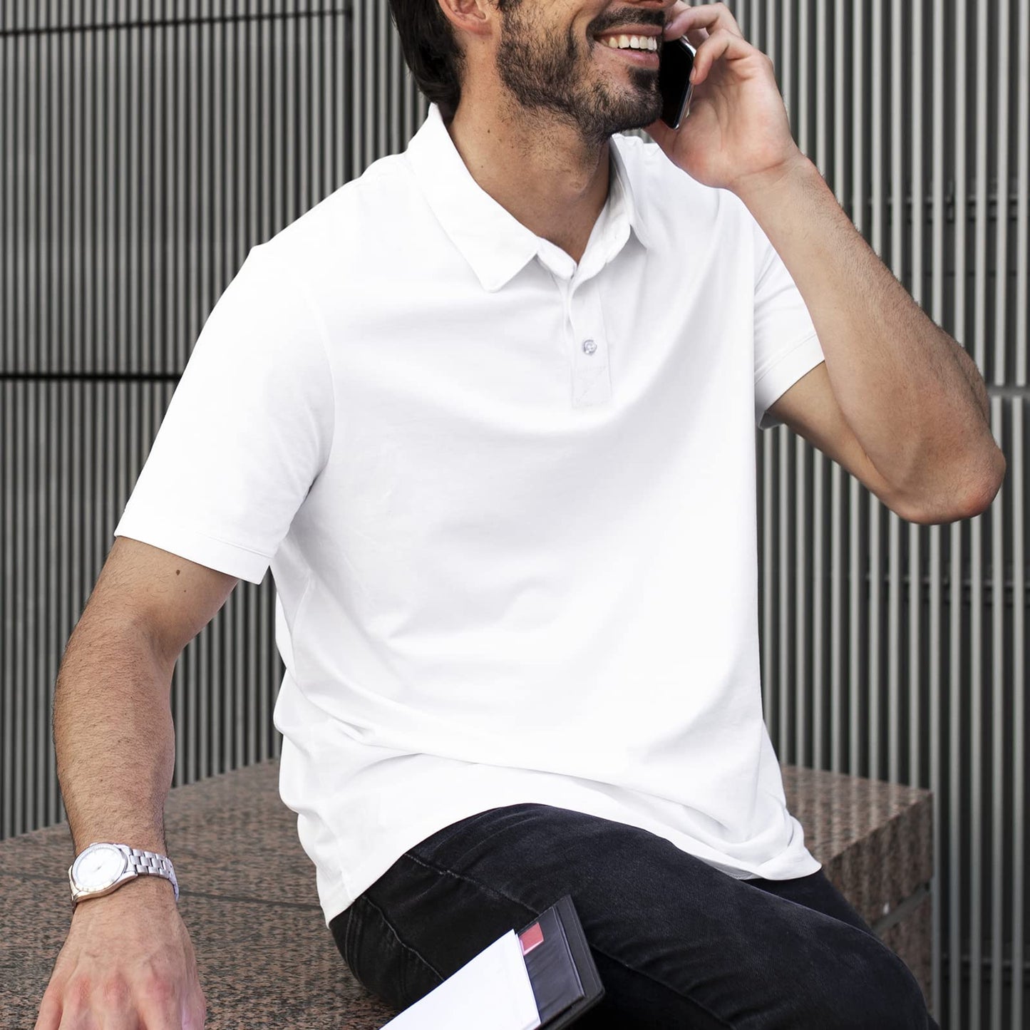 MIER White Polo Shirts for Men Short Sleeve Collared Shirts Cotton Pique Golf Polos T-Shirt, Classic Fit, L