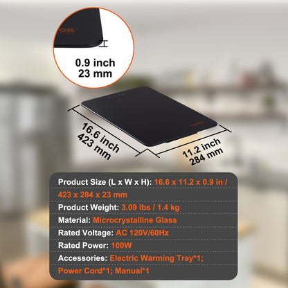 VEVOR Electric Warming Tray, Food Warming Trays for Buffet, Fast Heating Warming Trays, Portable Tempered Glass Heating Tray, ETL, 16.5" x 11"