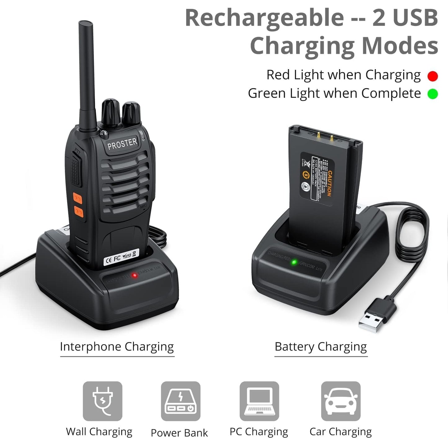 Proster Rechargeable Walkie Talkies 1 Pair, 16 Channel Long Range Two Way Radios with USB Charger Earpiece Mic, Handheld Walky Talky Transceiver 2 Pack