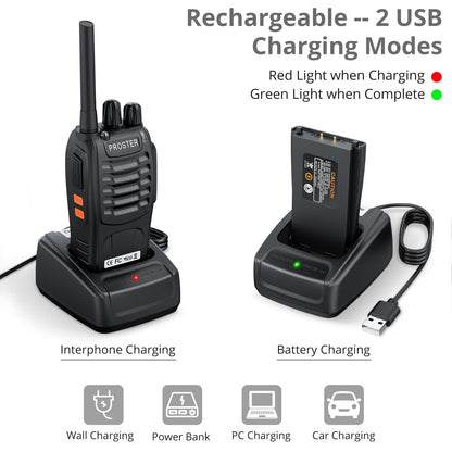 Proster Rechargeable Walkie Talkies 1 Pair, 16 Channel Long Range Two Way Radios with USB Charger Earpiece Mic, Handheld Walky Talky Transceiver 2 Pack