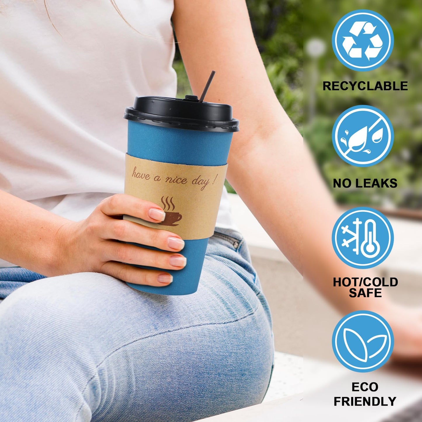 Clawsoff 100 Pack 16 oz Coffee Cups with Lids, Disposable To Go Paper Coffee Cups with Sleeves and Stirring Sticks for Hot/Cold Drinks Office Home Shop Event (Navy)