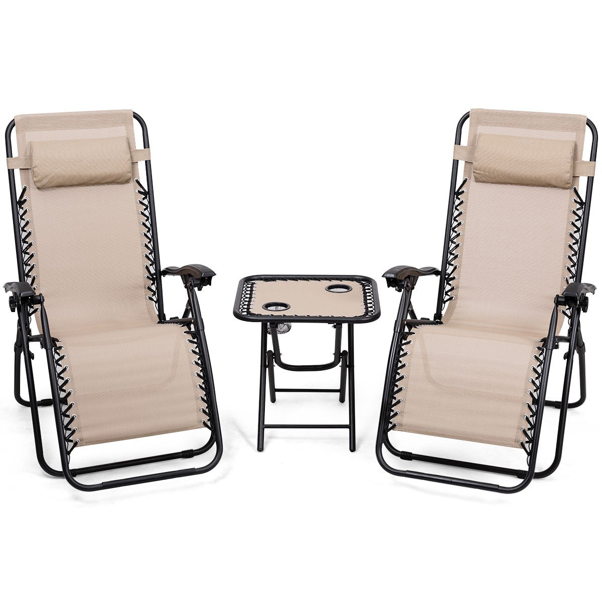 Giantex 3 PCS Zero Gravity Chair Patio Chaise Lounge Chairs Outdoor Yard Pool Recliner Folding Lounge Table Chair Set Backyard Lounge Chairs (Beige)