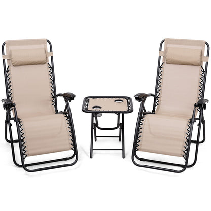Giantex 3 PCS Zero Gravity Chair Patio Chaise Lounge Chairs Outdoor Yard Pool Recliner Folding Lounge Table Chair Set Backyard Lounge Chairs (Beige)