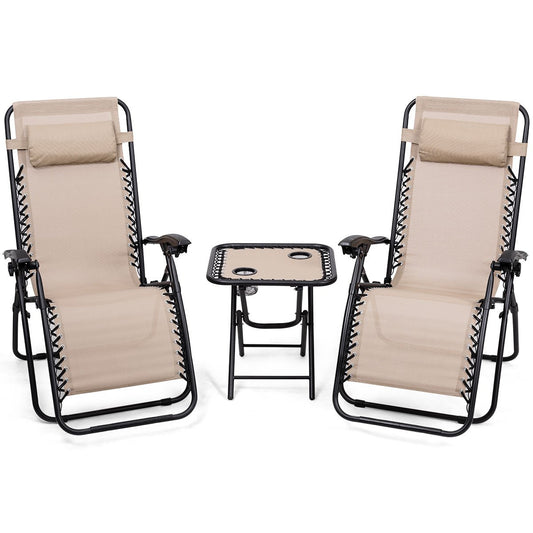 Giantex 3 PCS Zero Gravity Chair Patio Chaise Lounge Chairs Outdoor Yard Pool Recliner Folding Lounge Table Chair Set Backyard Lounge Chairs (Beige)