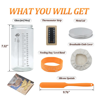 Sourdough Starter Jar-34oz/1000ml, Sourdough Starter Kit With Glass Jar,Thermometer Strips,Date Marked Feeding Band,Silicone Scraper,Cloth Cover & Lid,Sourdough Bread Baking Supplies for Beginners