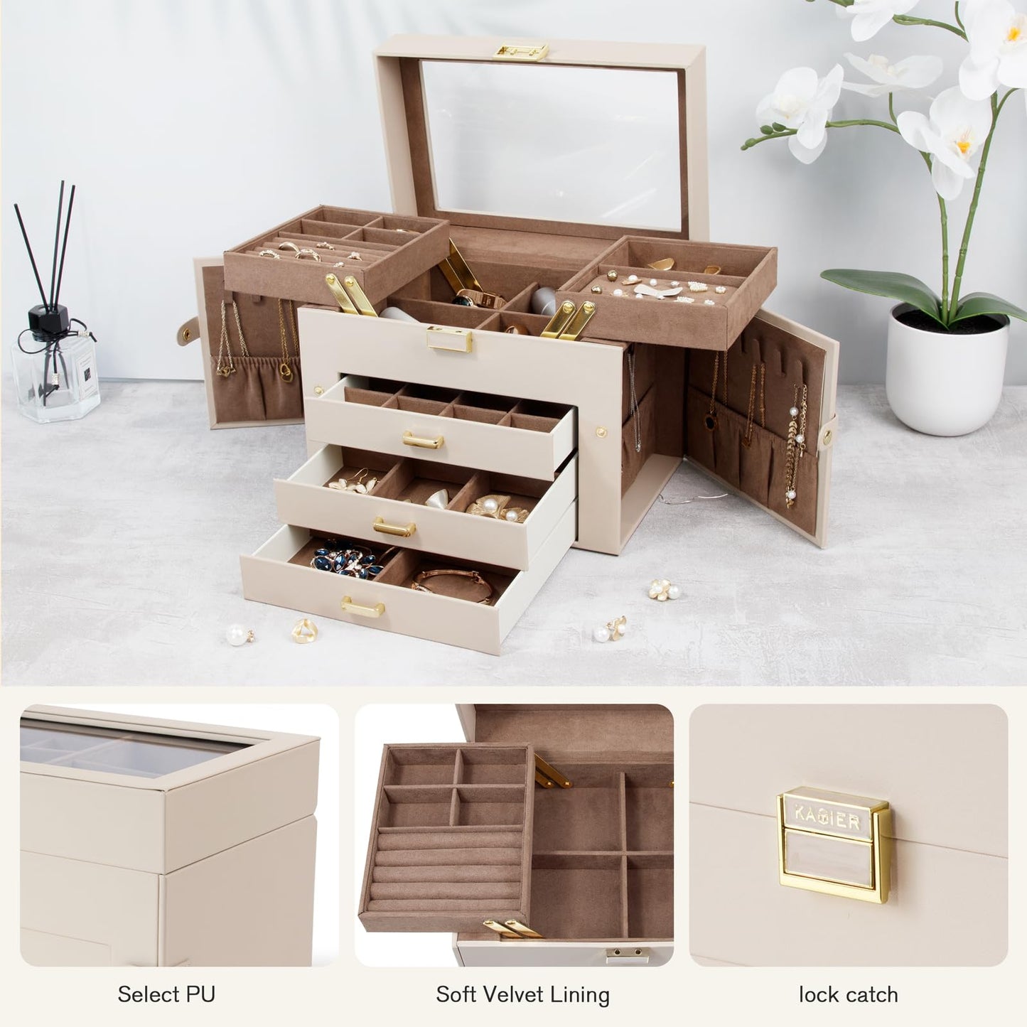 KAMIER Jewelry Organizer Box,5-Layer Jewelry Box for Women with Glass Lid,Jewelry Storage Box for Earrings Bracelets Rings Necklaces.Beige