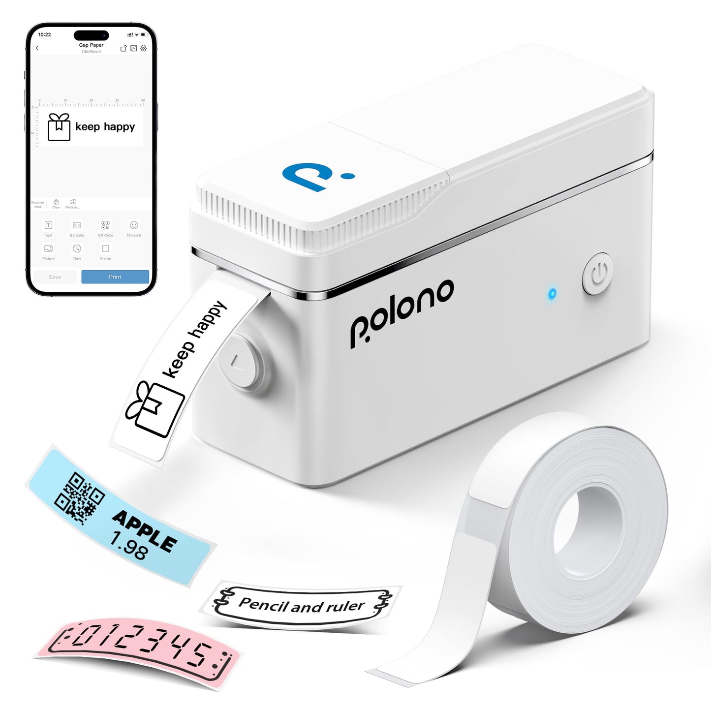 POLONO P31S Label Maker Machine with Tape, Portable Thermal Printer, Portable Bluetooth Label Printer for Organizing Storage Office Home, Sticker Maker Mini Label Maker with Multiple Templates, White