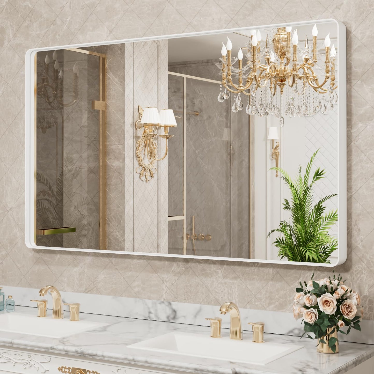 White Rounded Rectangle Bathroom Mirror - 55x36 Inch