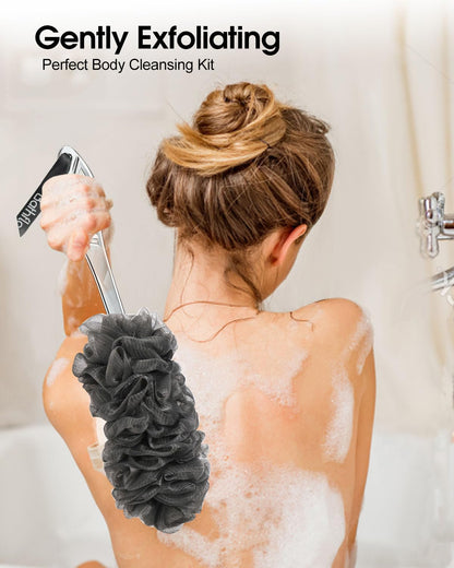 Bathflor Shower Loofah Sponge Exfoliating Body Scrubber 80g, Charcoal Loofa for Women & Men Bath Wash: 1 Long Handle Back Brush Plus 4 Packs Extra Large 80g Soft Mesh Luffa Poufs, 1 Lufa Hook (Gray)