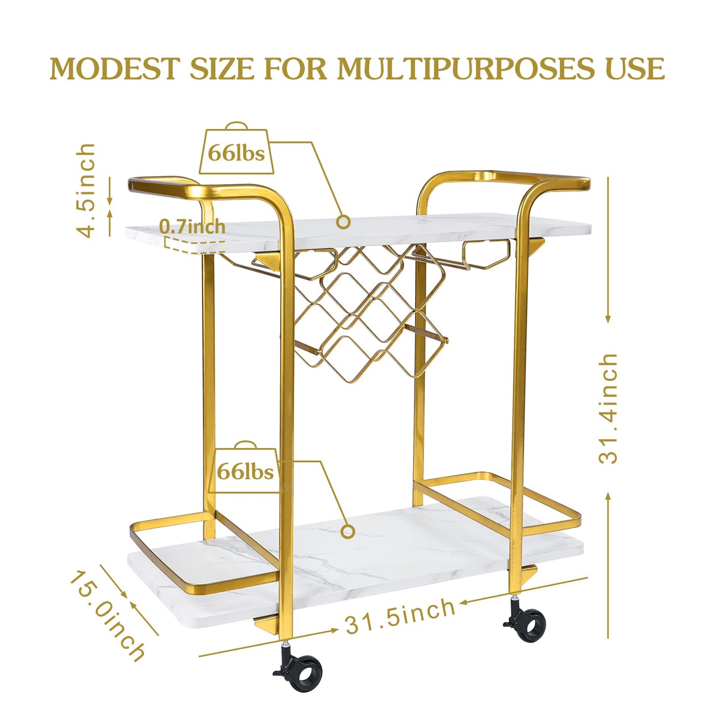 Jubao Deluxe Gold Bar Cart, 2-Tier Premium Texture Bar Cart for Kitchen and Dining Room Outdoor, with Glass Holders and 5 Wine Racks, Modern Marbled Solid Wood Cart on Silent Wheels