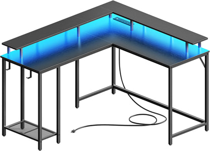 SUPERJARE Desk L Shaped Gaming Desk with LED Lights & Power Outlets, Computer Desk with Monitor Stand, Home Office Desk Corner Desk with Headphone Hooks, Black